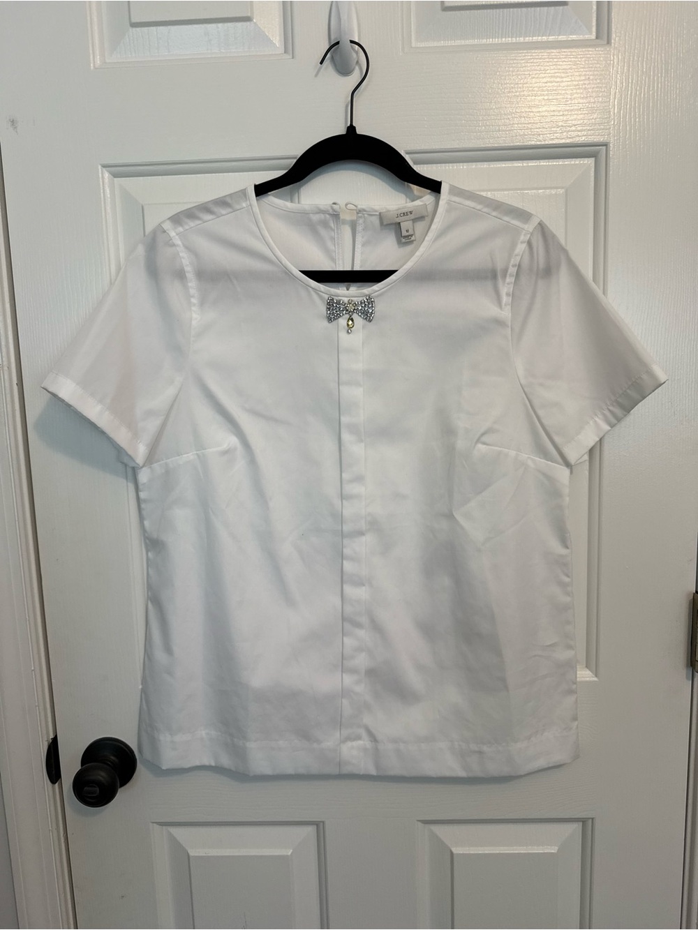 J. Crew White Short-Sleeve Jewel Bow Front Shirt
